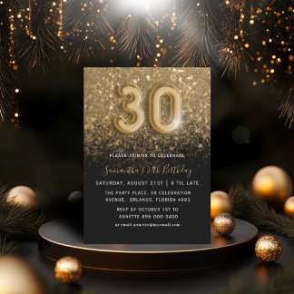 30. Geburtstag Gold & Black Glitzer Party Einladung