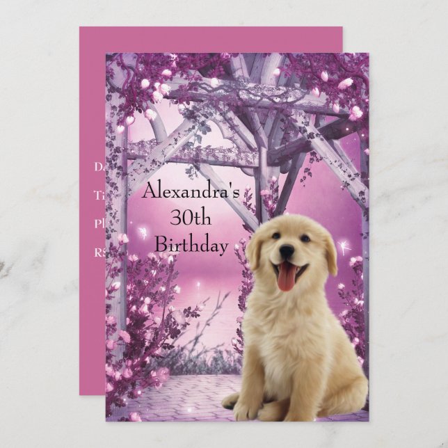 30. Geburtstag Golden Retriever Winter Pink Einladung (Vorne/Hinten)