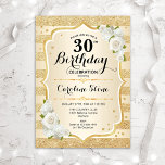 30. Geburtstag - Goldränder Weiße Rosen Einladung<br><div class="desc">Einladung zum 30. Geburtstag. Elegantes Blumendesign in Gold und Weiß. Features Imitate Glitzer goldene Streifen,  weiße Rosen stilvolle Skript-Schriftart und Konfetti. Ideal für eine gläserne Geburtstagsfeier.</div>