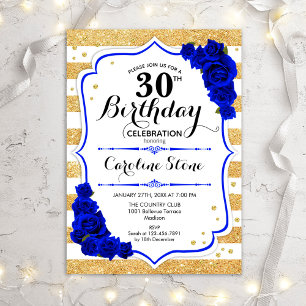 30. Geburtstag - Goldstreifen Royal Blue Rose Einladung
