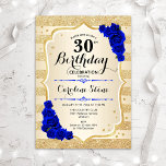 30. Geburtstag - Goldstreifen Royal Blue Rose Einladung<br><div class="desc">Einladung zum 30. Geburtstag. Elegantes Design in Gold und königsblau. Features Imitate Glitzer goldene Streifen,  Saphir Rose stilvolle Skript-Schriftart und Konfetti. Ideal für eine gläserne Geburtstagsfeier.</div>
