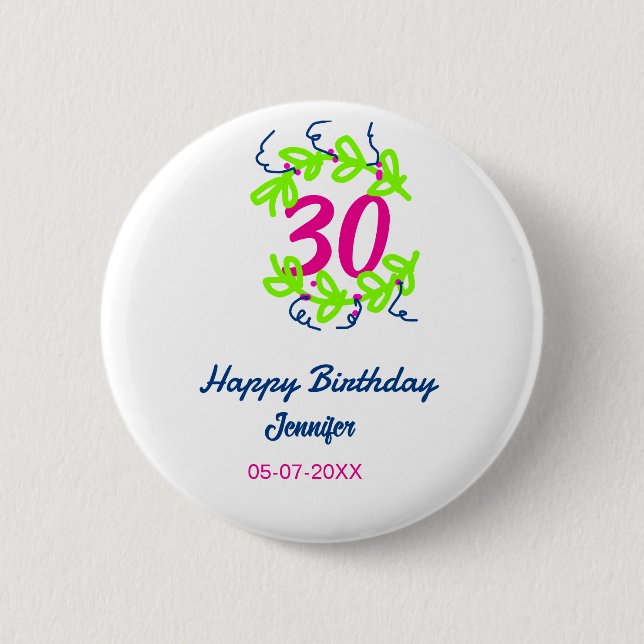30. Geburtstag grüner blauer Kranz Datum rustikal  Button (Vorderseite)