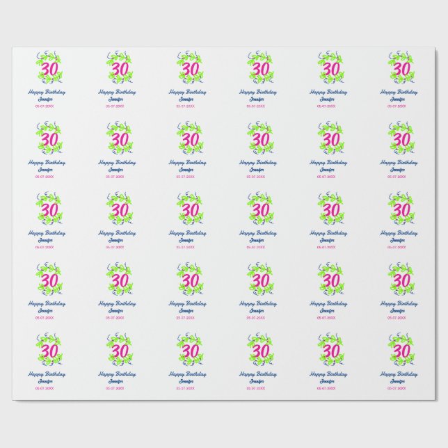 30. Geburtstag grüner blauer Kranz Datum rustikal  Geschenkpapier (Flach)