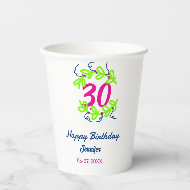 30. Geburtstag grüner blauer Kranz Datum rustikal  Pappbecher (Vorderseite)