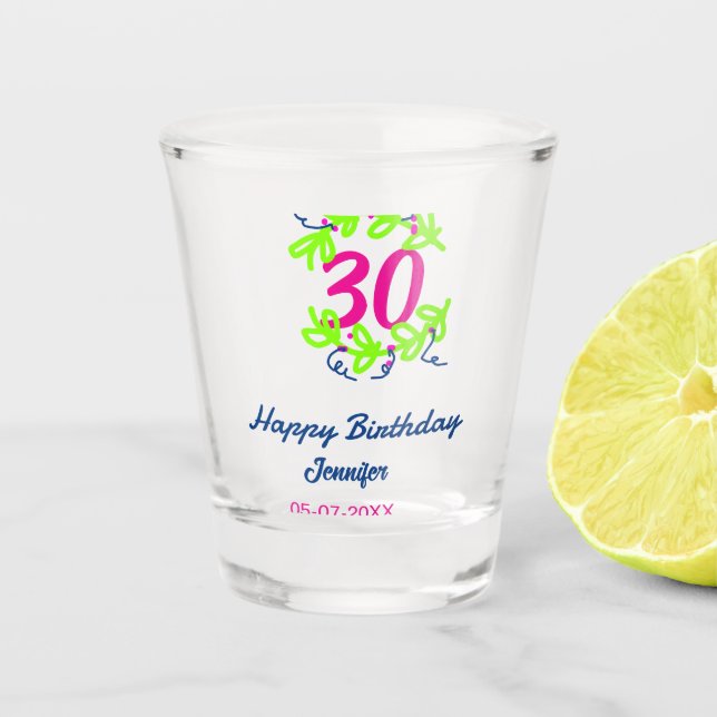30. Geburtstag grüner blauer Kranz Datum rustikal  Schnapsglas (Vorderseite)