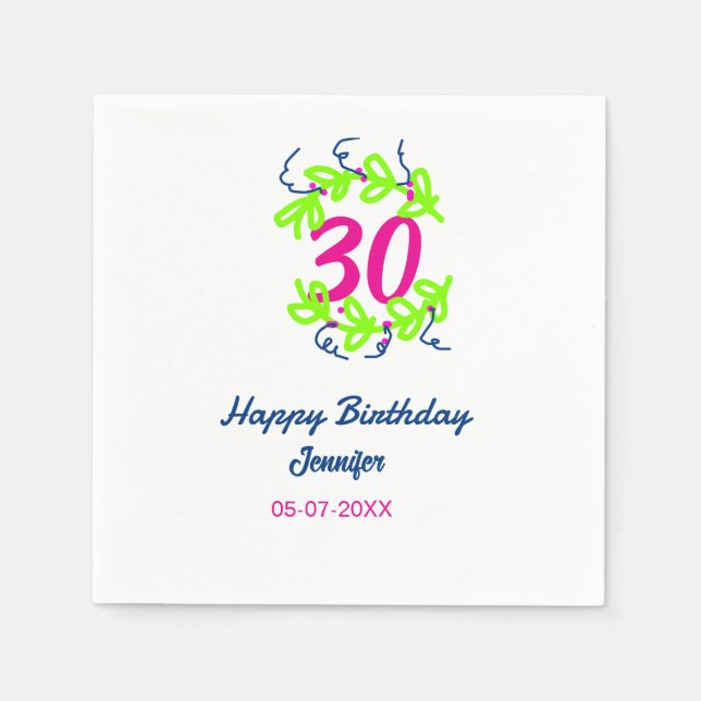 30. Geburtstag grüner blauer Kranz Datum rustikal  Serviette (Vorderseite)