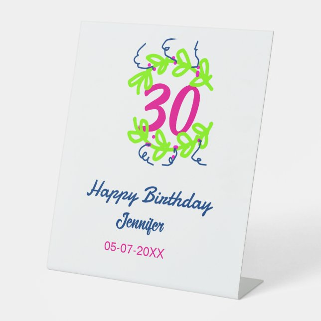 30. Geburtstag grüner blauer Kranz Datum rustikal  Sockelschild (Vorderseite)