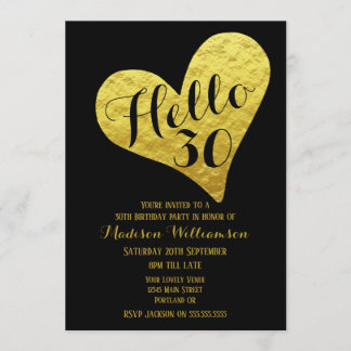 30. Geburtstag Hallo 30 Schwarz und Imitate Golden Einladung