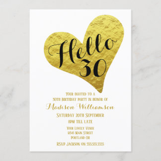 30. Geburtstag Hallo 30 Schwarz und Imitate Golden Einladung