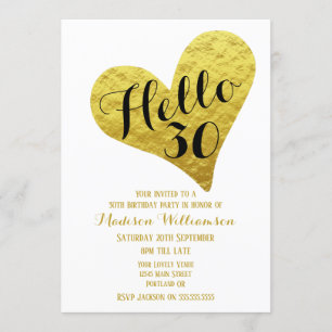 30. Geburtstag Hallo 30 Schwarz und Kunstgold Herz Einladung