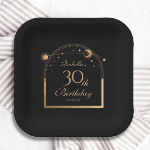 30. Geburtstag Himmels-Schwarz-Gold-Sonne-Mond-Ste Pappteller