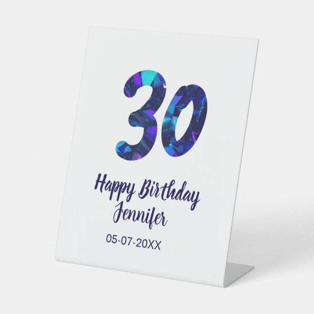 30. Geburtstag hinzufügen Datum Jahr blauer Funkel Sockelschild (Vorderseite)