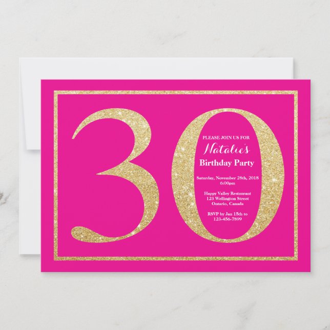 30. Geburtstag Hot Pink und Gold Glitzer Einladung (Vorderseite)