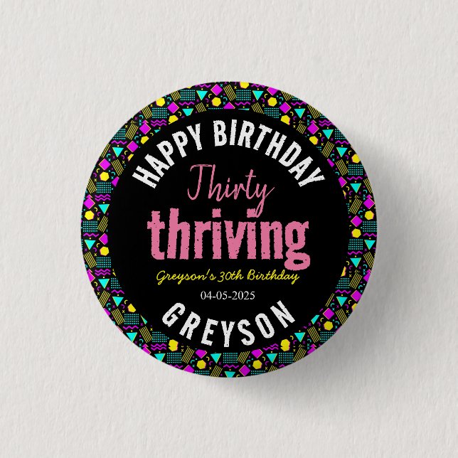 30. Geburtstag in Schwarz und Retro Button (Vorderseite)