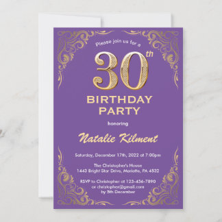 30. Geburtstag Lila und Gold Glitzer Frame Einladung