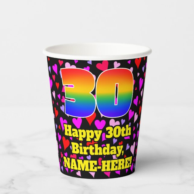 30. Geburtstag: Loving Hearts Pattern, Rainbow 30 Pappbecher (Rückseite)