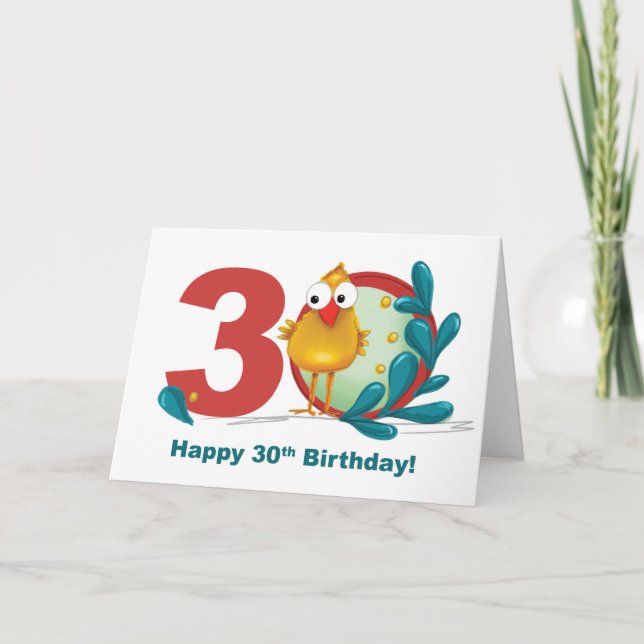 30. Geburtstag mit Funny Bird und Zweig Karte (Vorderseite)