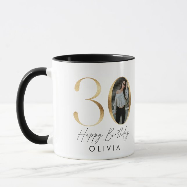 30. Geburtstag Modernes Gold Foto elegant stilvoll Tasse (Links)