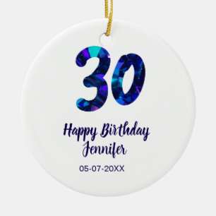 30. Geburtstag Name Datum Jahr blau glänzend Keramik Ornament