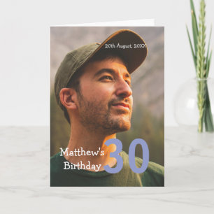 30. Geburtstag Name Foto Datum Mann Blau Weiß  Karte
