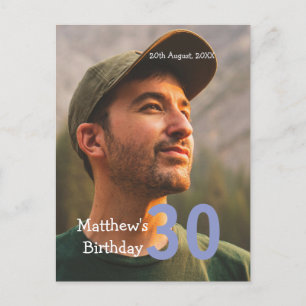30. Geburtstag Name Foto Datum Mann Blau Weiß  Postkarte