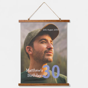 30. Geburtstag Name Foto Datum Mann Blau Weiß Wandteppich Mit Holzrahmen