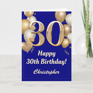 30. Geburtstag Navy Blue und Gold Balloons Confett Karte