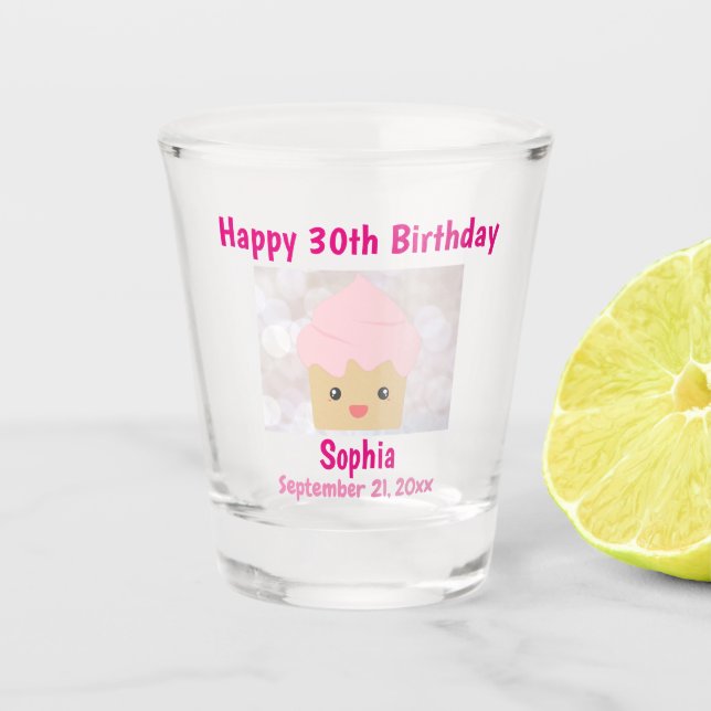 30. Geburtstag Niedlich Pink Girly Cupcake Schnapsglas (Vorderseite)