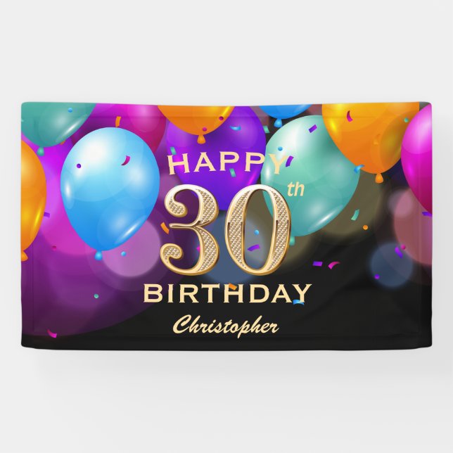 30. Geburtstag Party Black and Gold Balloons Banner (Horizontal)