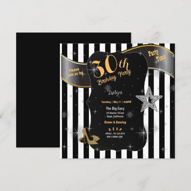 30. Geburtstag Party Black Stripes Gold Stiletto's Einladung (Vorne/Hinten)