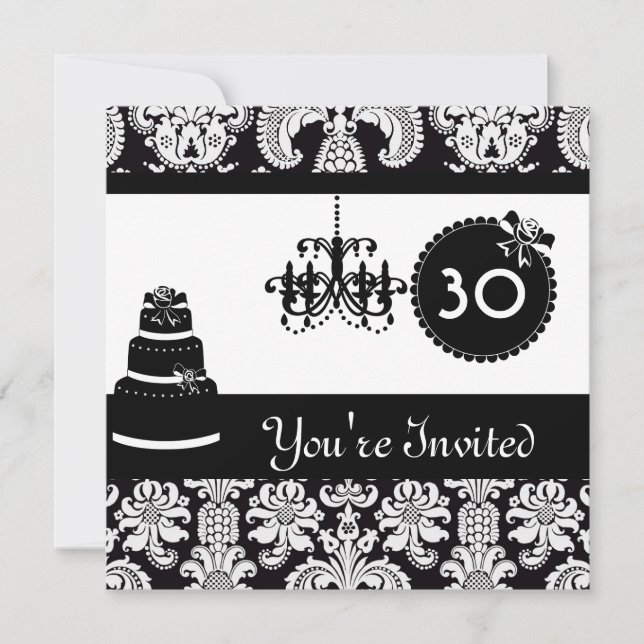 30. Geburtstag Party Black & White Damask Inviites Einladung (Vorderseite)