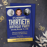 30. Geburtstag Party blaue Goldfolie Foto Kreise Folieneinladung<br><div class="desc">Fett einfache Grafik dunkelblau, und Goldfolie oder Ihre eigene Folie Farbe Foto Vorlage 30. Geburtstag Party Einladung. Personalisieren Sie diese Meilenstein-Geburtstagseinladung mit Ihren eigenen Geburtstagsfeierdetails und drei Fotos Ihres Geburtstagsjungen oder -mädchens im Foto für Ihre Mittag- und Fotos aus jedem Jahrzehnt. Andere Jahre Farben und passende Artikel sind verfügbar. ©...</div>