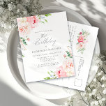 30. Geburtstag Party Feminine Pink Floral Einladungspostkarte<br><div class="desc">Eine wunderschöne und feminine Party Einladung,  um einen 30. Geburtstag im eleganten Stil zu feiern. Dieses Blumendesign grenzt an einen Rahmen aus zauberhaften rosafarbenen Pfannkuchen und Grünpflanzen.</div>