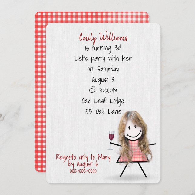 30. Geburtstag Party Girl with Wine Einladung (Vorne/Hinten)