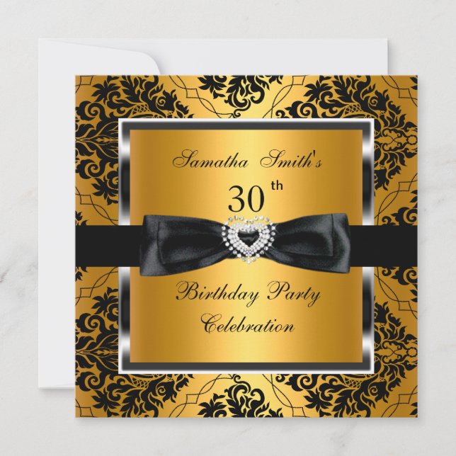 30. Geburtstag Party Gold Damask Silver Black Einladung (Vorderseite)