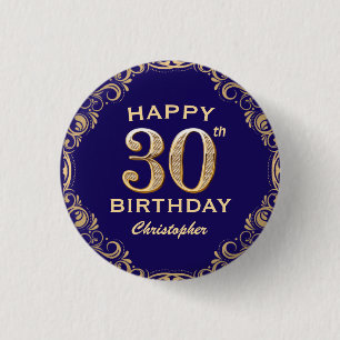 30. Geburtstag Party Navy Blue and Gold Glitzer Button