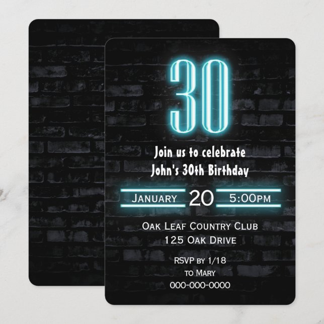30. Geburtstag Party Neon Sign auf Brick Einladung (Vorne/Hinten)