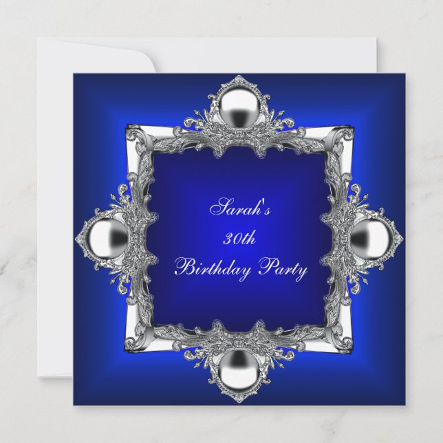 30. Geburtstag Party Royal Blue Silver Chrome Einladung (Vorderseite)