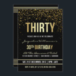30. Geburtstag Party| Schimmergoldfetti Einladung<br><div class="desc">Diese formale, elegante, trendige, moderne 30. Geburtstagsfeier ist für Männer und Frauen geeignet. Es besteht aus goldfarbenen, sauberen Linien, stilvollem, gotischem Großbuchstaben und raffiniertem, fixiertem Imitat Goldfolie auf schwarzem Hintergrund mit Duschen von glitzernden, glänzenden Goldkonfetti und Party-Streamern. Der Text ist so einfach wie möglich zu gestalten und Zazzle hat eine...</div>