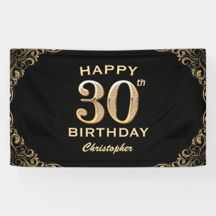 30. Geburtstag Party Schwarz und Gold Glitzer Rahm Banner