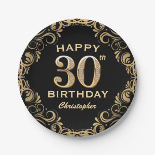 30. Geburtstag Party Schwarz und Gold Glitzer Rahm Pappteller