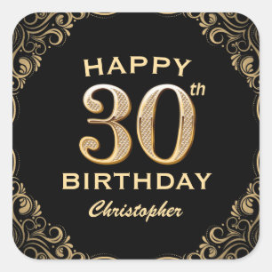 30. Geburtstag Party Schwarz und Gold Glitzer Rahm Quadratischer Aufkleber