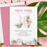 30. Geburtstag Party Tropical Pink Protea Number 3 Einladung<br><div class="desc">Party Einladung des 30. Geburtstags mit der Nummer 30,  die mit Blätter aus tropischen Palmen,  Blume aus rosa Protea und Kokospalmen geschmückt ist. Feines,  elegantes Design mit floralen Wasserfarben in Rosa- und Grüntönen. Ideal für 30-jährige Jubiläumsfeiern,  Party oder Party für Gartentee.</div>