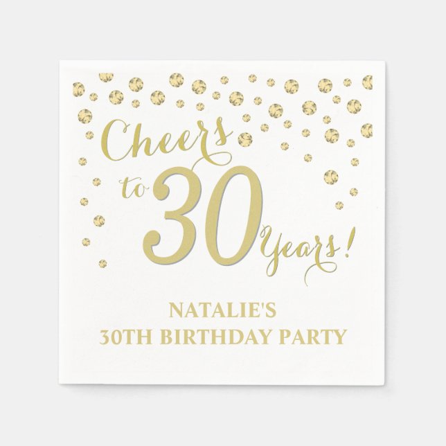 30. Geburtstag Party White und Gold Diamond Serviette (Vorderseite)