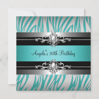 30. Geburtstag Party Zebra Aquamarin Blue Silver B Einladung