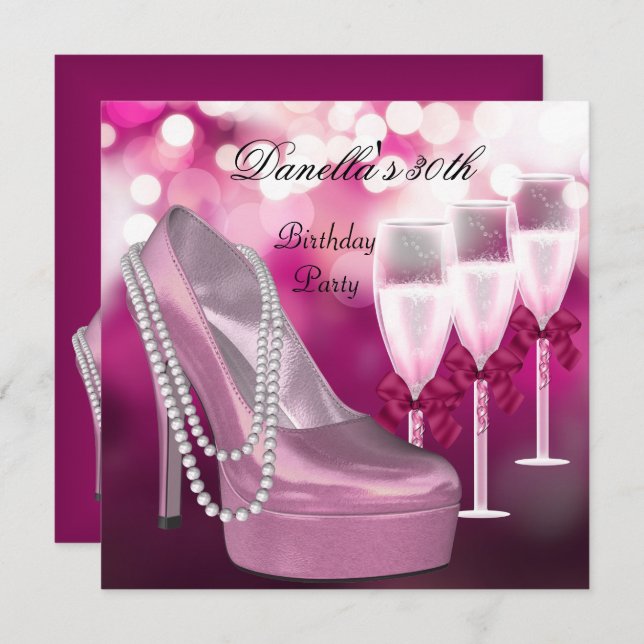 30. Geburtstag Pink Shoes Hi Heelses Champagne Einladung (Vorne/Hinten)