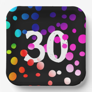 30. Geburtstag Rainbow Dots auf Black Pappteller