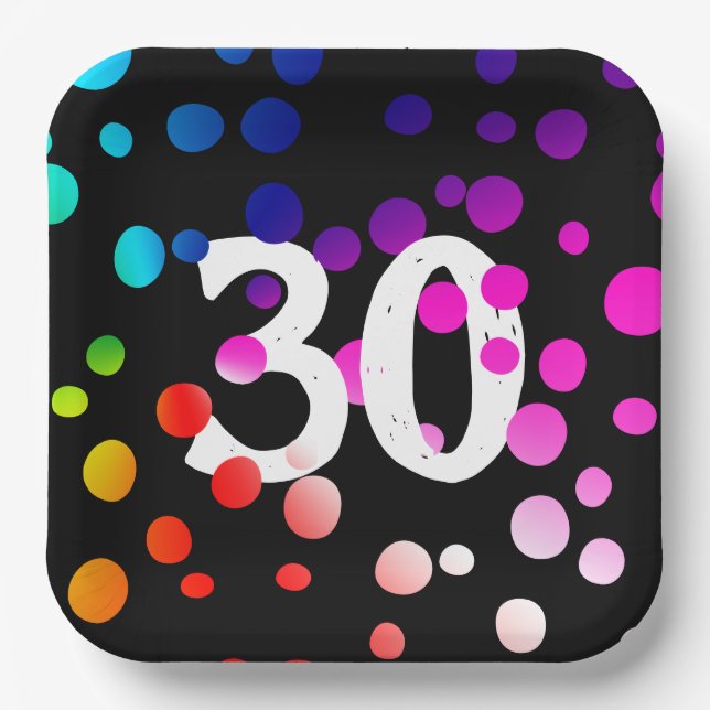 30. Geburtstag Rainbow Dots auf Black Pappteller (Vorderseite)