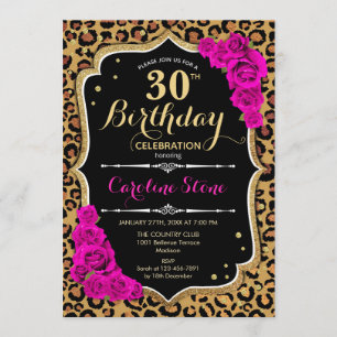 30. Geburtstag - Rosa Rosen Leopard Print Einladung