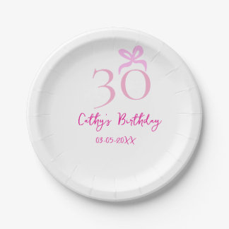 30. GEBURTSTAG rosa Schleife PASTELL HANDGEZEICHNE Pappteller